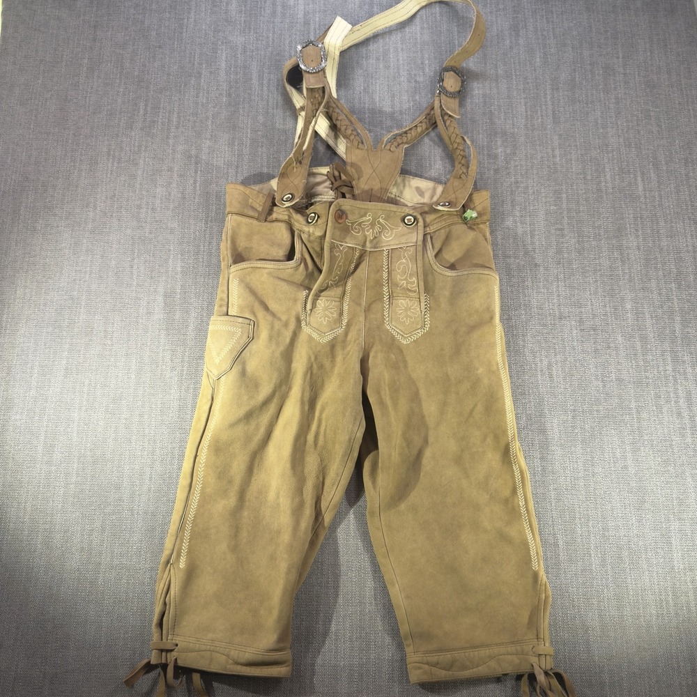 Leather Overalls Kids 8 Brown Lederhosen Bib Pants Embroidered Traditional